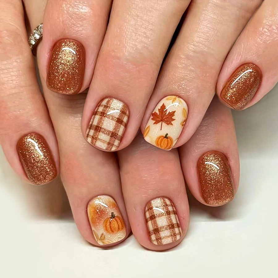 Nail Art Orange - 24 Adet Yanık Turuncu Ekose Desenli